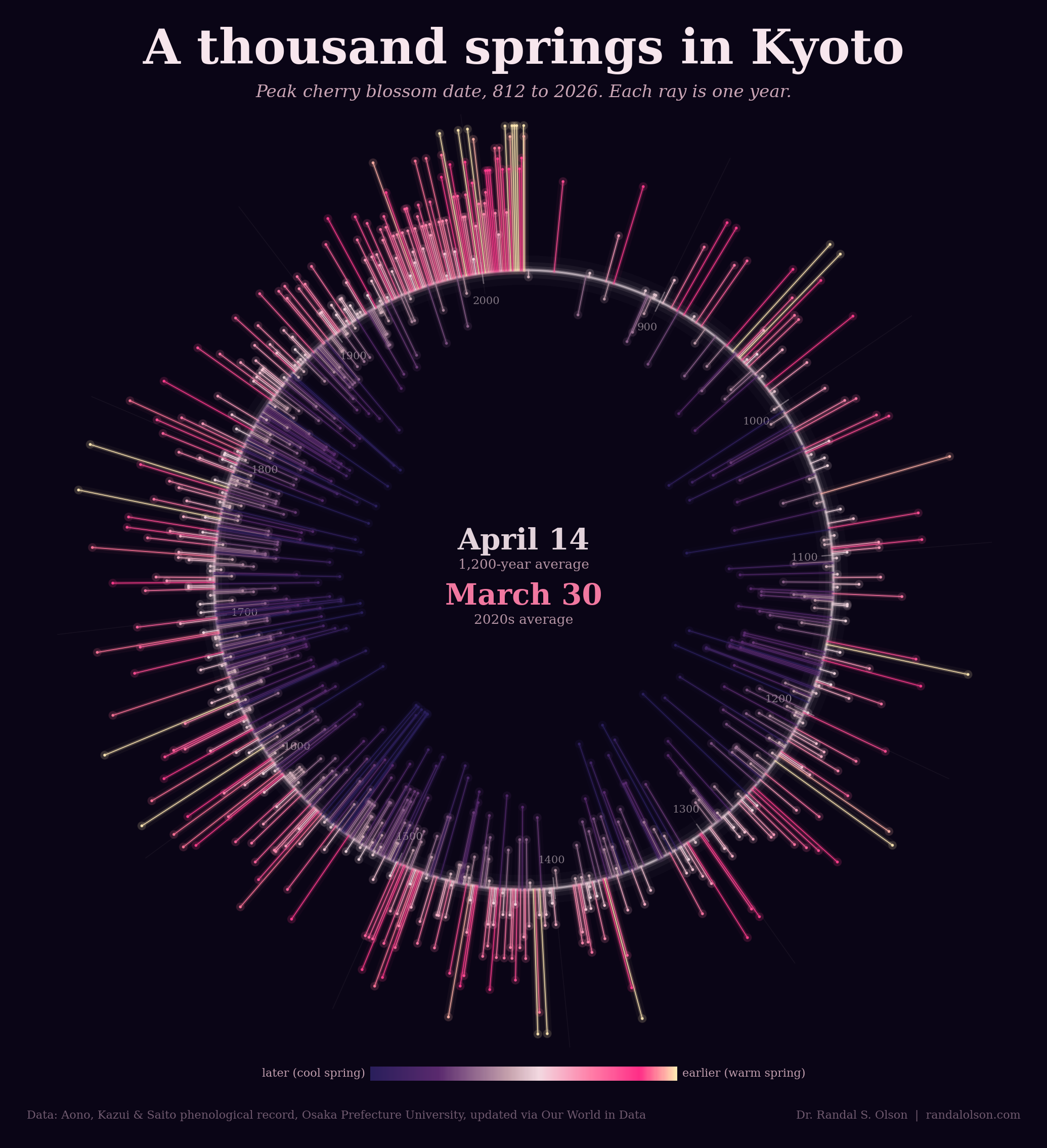 Radial chart of Kyoto cherry blossom peak-bloom dates from 812 to 2026. Each year is a ray positioned around the circle by year, with ray length and color encoding how much earlier or later the bloom was compared to the 1,200-year average of April 14. Magenta rays reaching outward mark early blooms; indigo rays reaching inward mark late blooms. The modern cluster near the top of the ring is dominated by bright magenta, showing the tightest run of early blooms in the record. A center block notes the 1,200-year average (April 14) and the 2020s average (March 30).